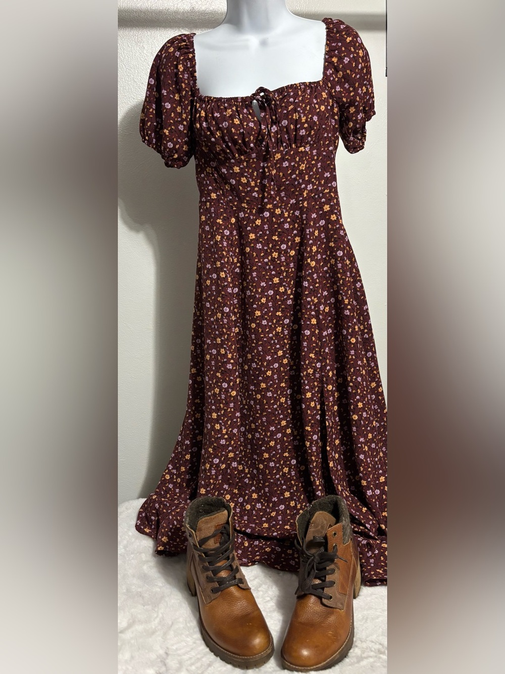 Forever 21 Burgundy Floral Milkmaid style dress